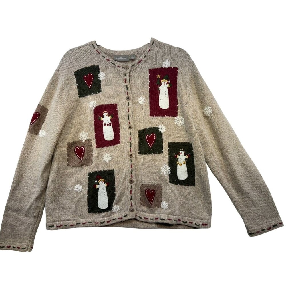 Croft & Barrow Snowman & Heart Patches Cardigan Sweater Petite PL Beige